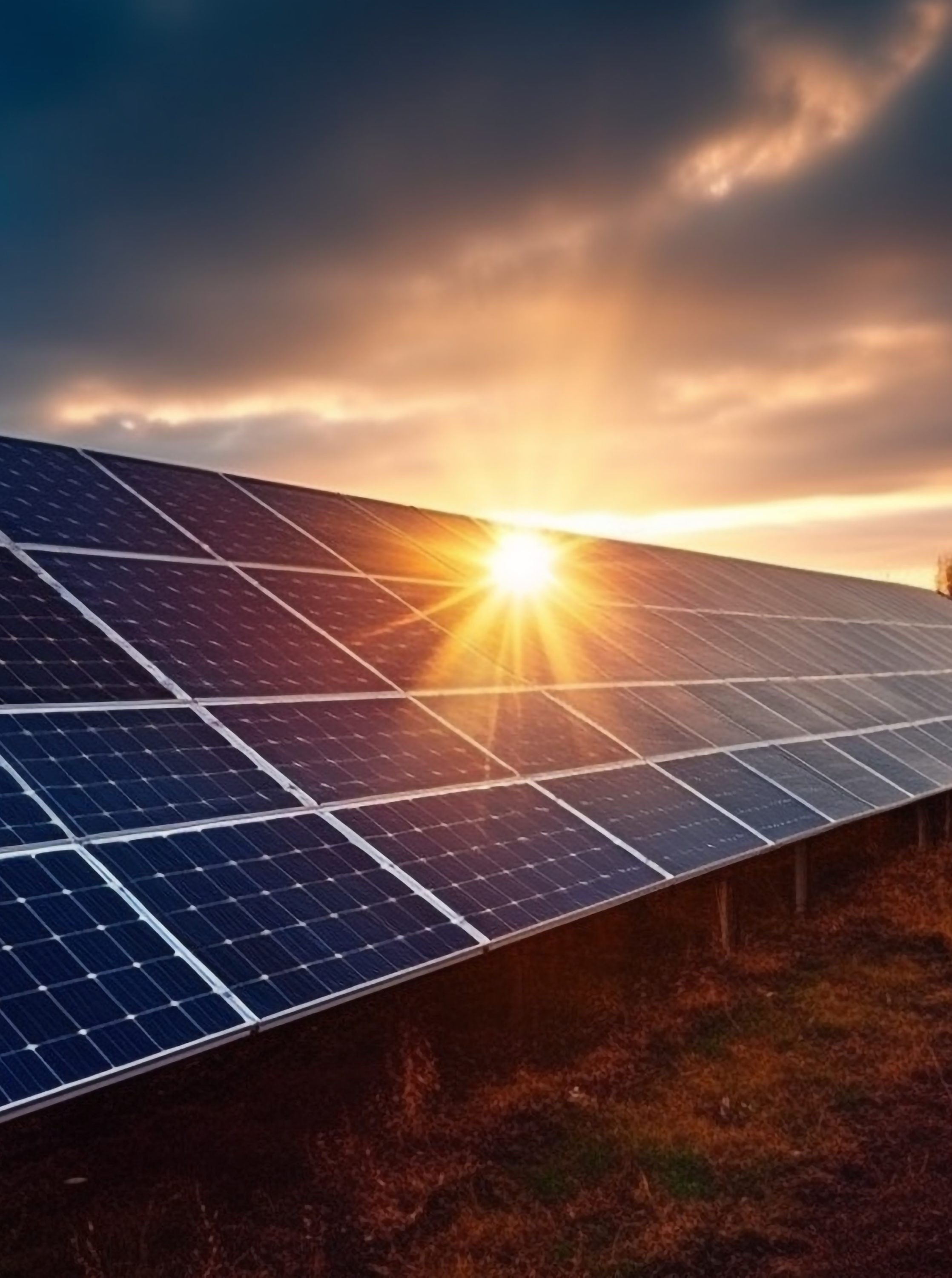 Sunset sky reflects solar panel sustainable power generation generative AI